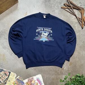 Vintage 90s North Dakota Nature Print Crewneck Mens XL Winter Cabin Sweatshirt